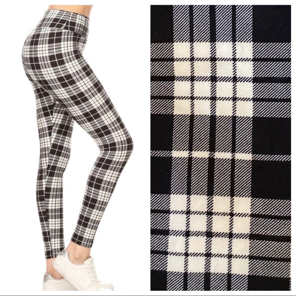 💓 Black Grey & White Plaid Yoga Waist Legging